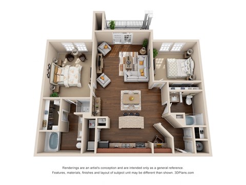Floor plan for 2 beds, 2 baths, 1362 sqft